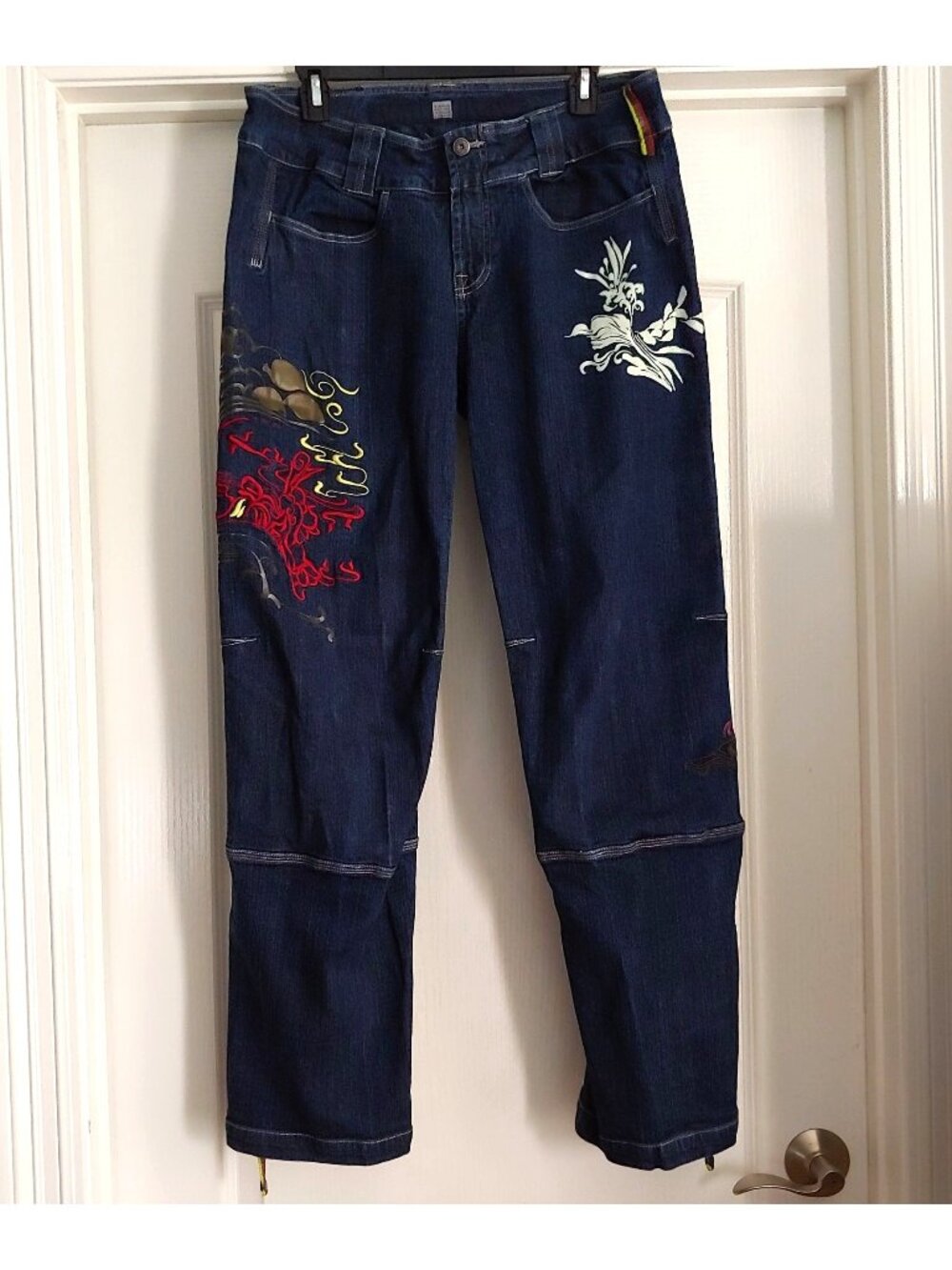 Marithe Francois Girbaud Painted Embroidered Convertible Snap Hem Art Jeans Y2K